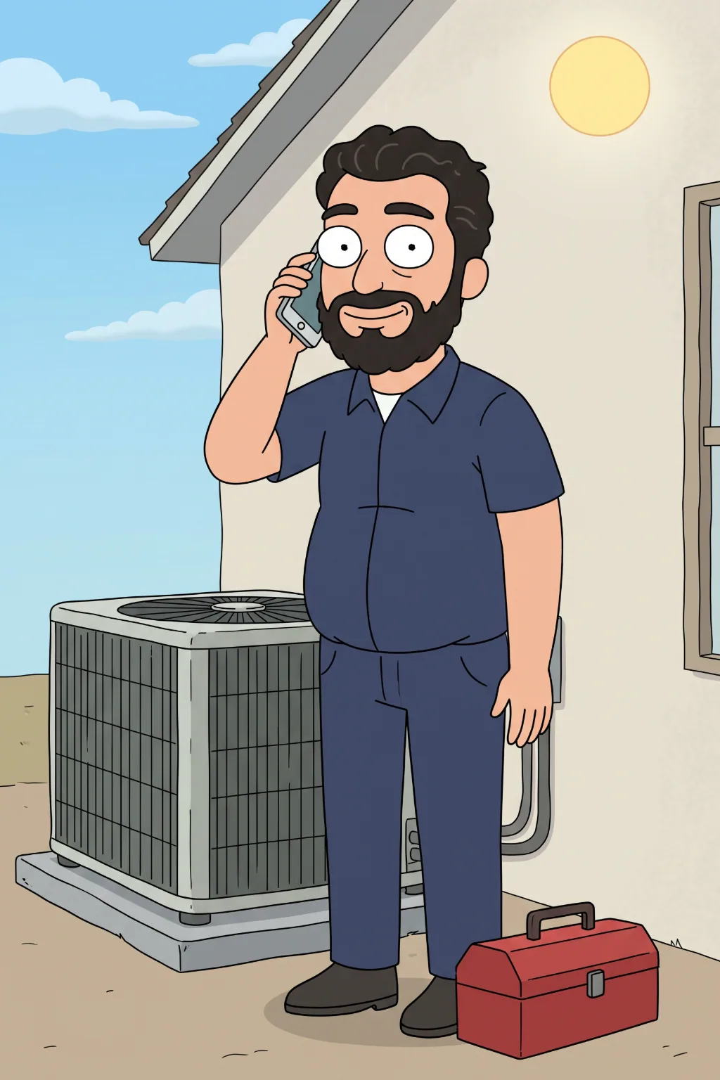 An HVAC tech taking a call beside a condenser unit