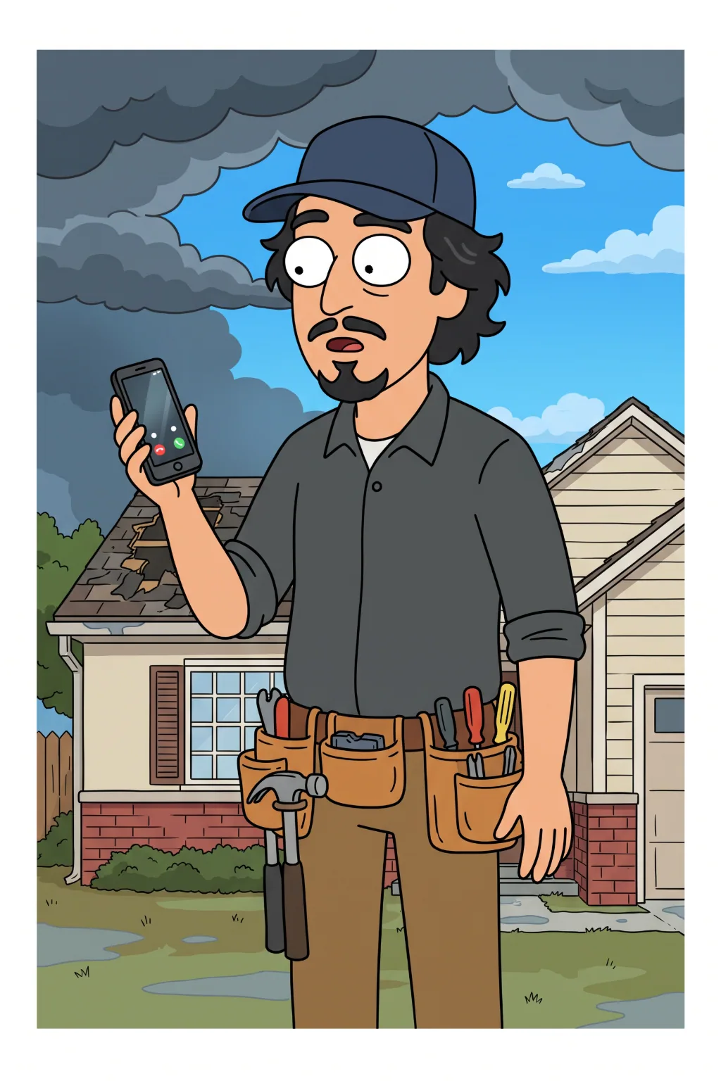 A roofer holding a ringing phone in front of a storm-damaged roof