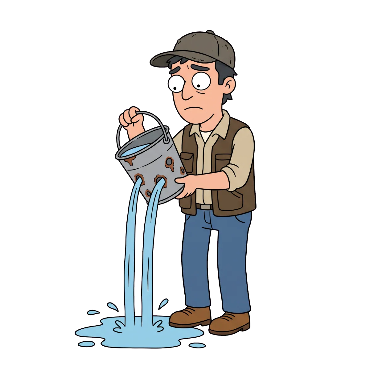 A roofer holding a bucket that leaks the leads he paid for