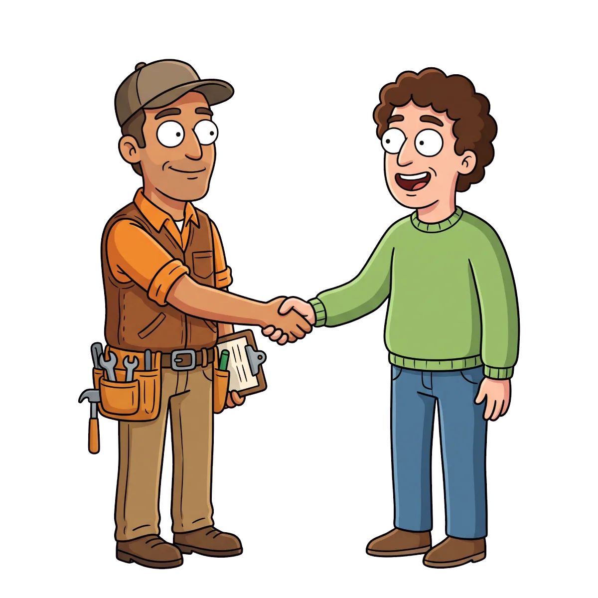 A roofer shaking hands with a homeowner after the job